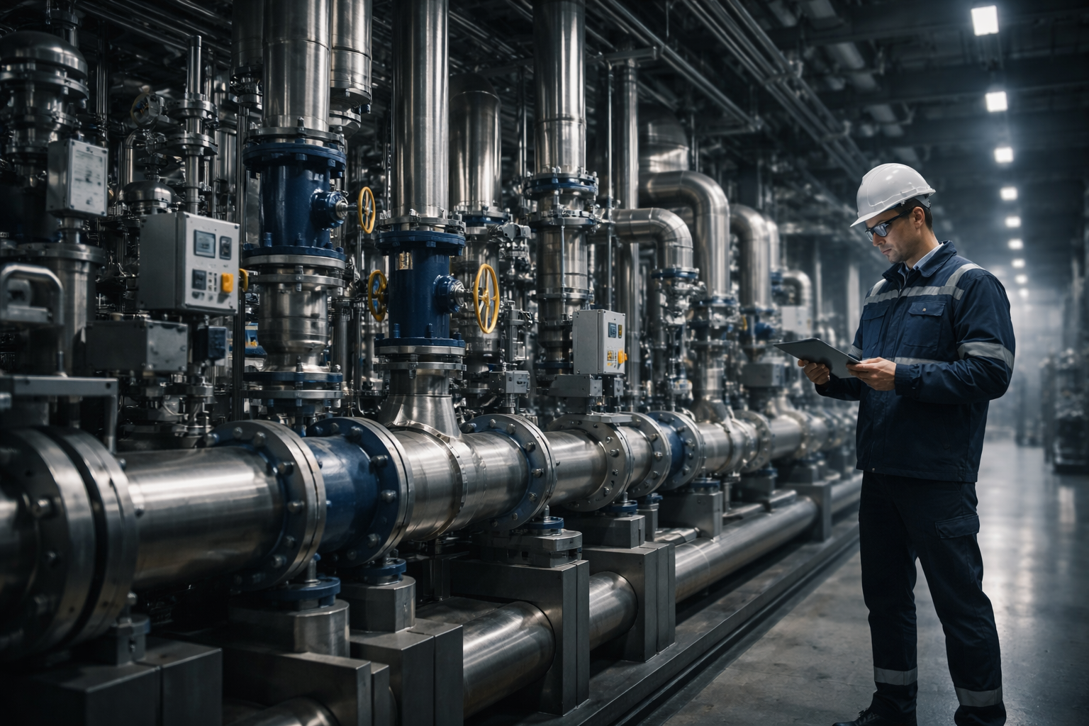 Industrial plant with piping, valves, and instrumentation